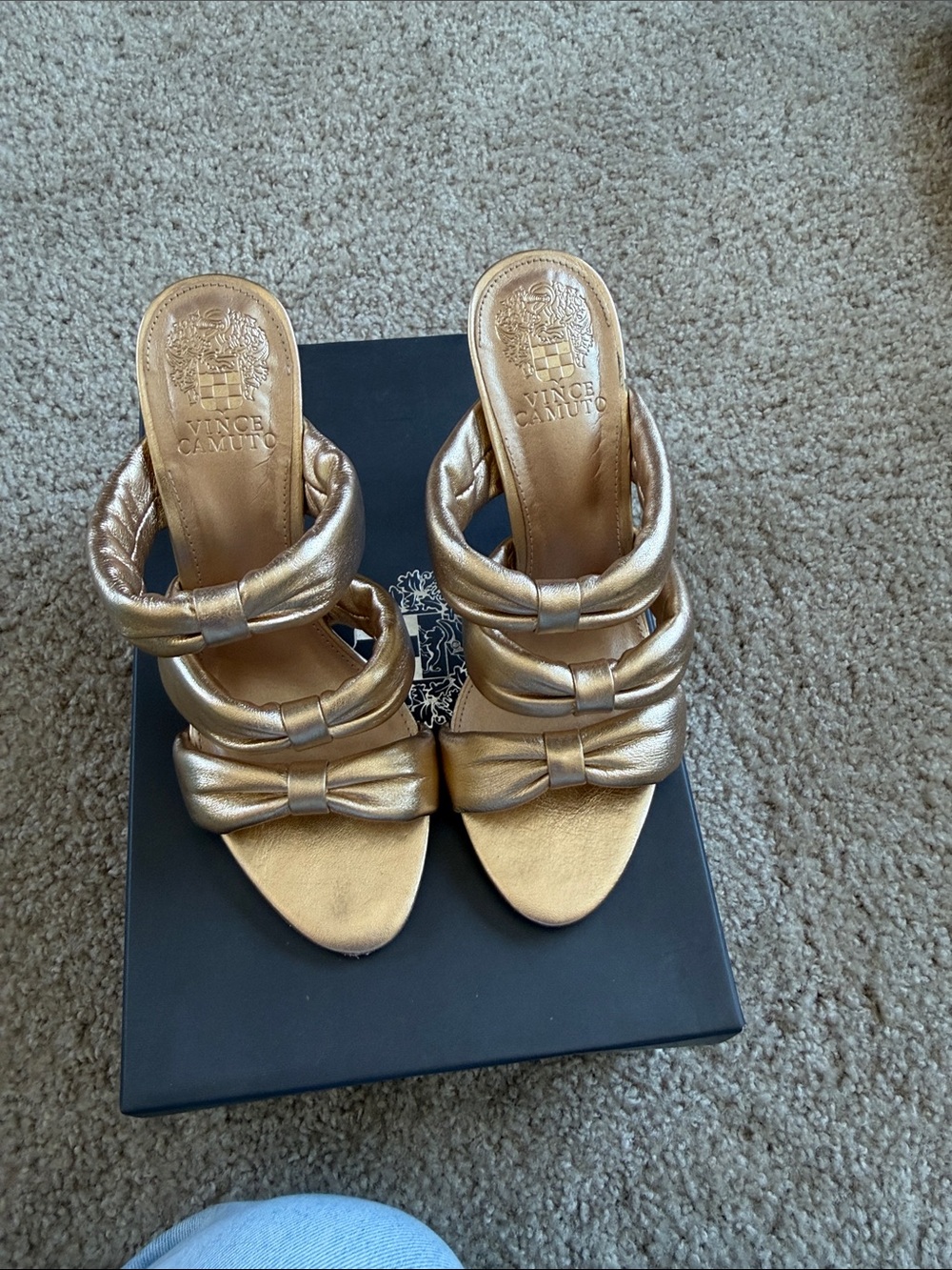 Vince Camuto Metallic Gold Knotted Bow Slide Heels